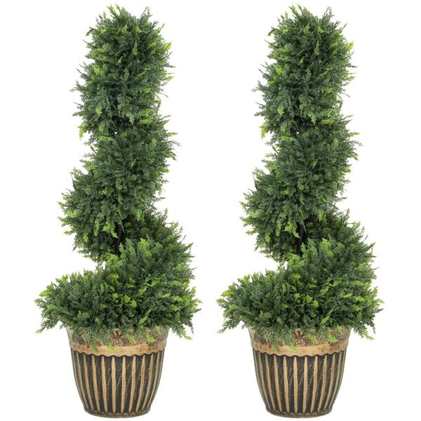 Set of 2 artificial topiary spiral trees, green foliage, in ribbed pots