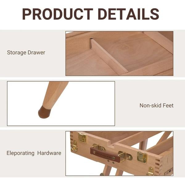 Wooden easel with storage drawer, non-skid feet, and brass hardware details
