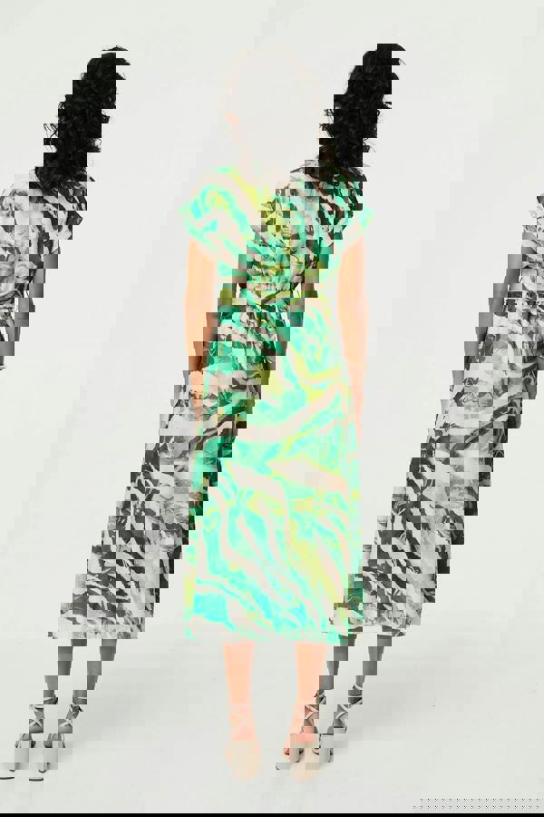 Green | Printed Cap Sleeve Belt Waist Midi Dress
