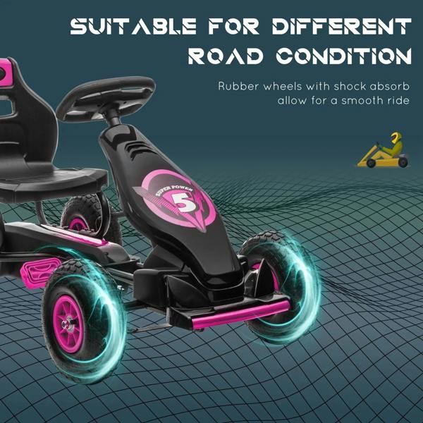 Kids pedal go kart with shock-absorbing rubber tires and pink frame trim