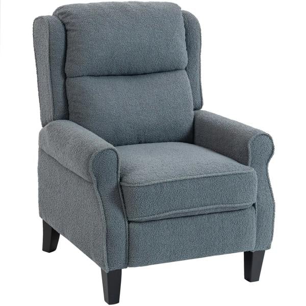 Grey fabric recliner armchair with extended leg rest and padded arms