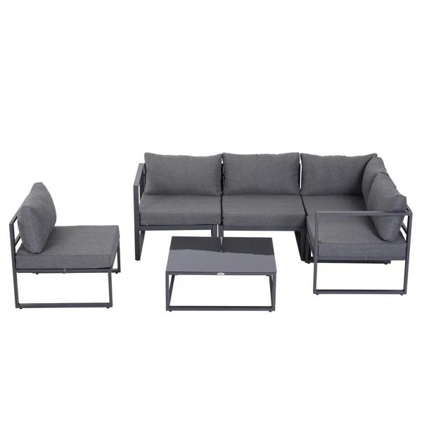Grey outdoor sectional sofa set with corner unit, ottoman seats, and square coffee table
