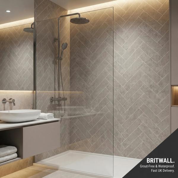 Britwall Light Beige Herringbone PVC Shower Panel Matt Finish – Light Beige Herringbone