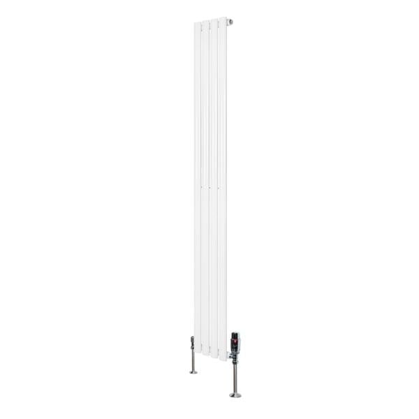 Sleek white oval single column radiator with valves, measuring 1800mm x 240mm, featuring a modern design and smooth finish