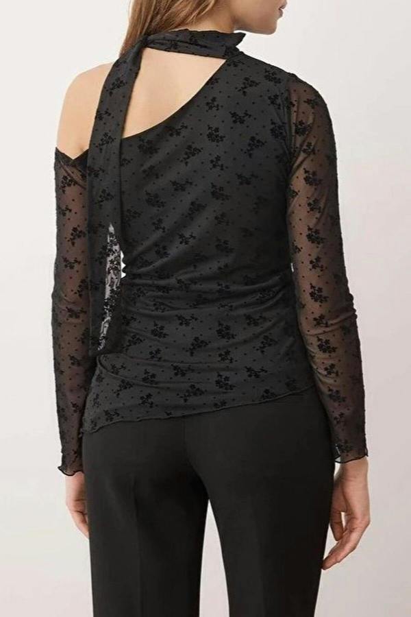 WOVCOR Floral Fitted Asymmetrical Neckline Belted Tulle Knit Blouse