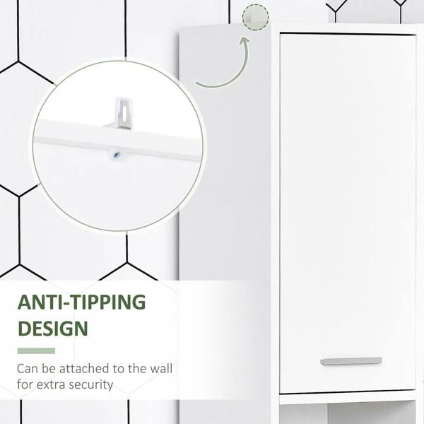 White tall bathroom storage cabinet with anti-tip wall attachment and smooth pull handle.