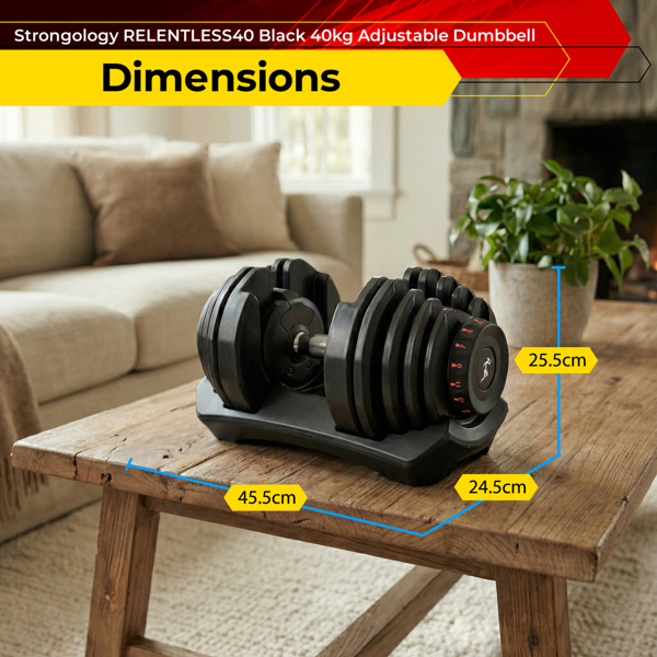 Strongology Home Fitness Adjustable Smart Dumbbell Pair from 5kg to 40kg Training Weights in Black