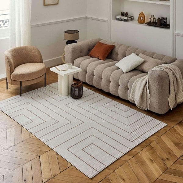 Living Room, perfect mix of clean design, lasting comfort, terra-cream rug.