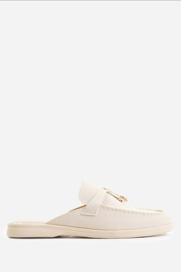 Where's That From Twilight Wide Fit Flat Slip on Loafer With Tassel Detail in Beige Suede