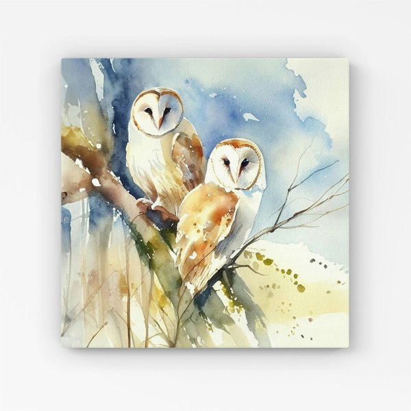 Warren Reed Barn Owls Watercolour Canvas