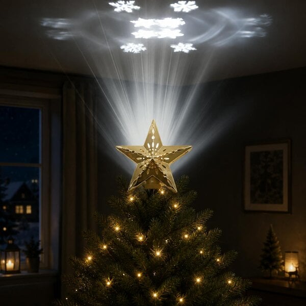 Outdoor Living Gold Star Tree Topper — Cut-Out Snowflake Design, Celestial Glow Rotating Star with Remote Control
