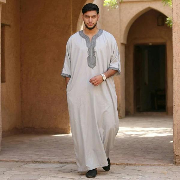 Men's Half Sleeve Embroidery Moroccan Thobe - Grey Charcoal - Thobez - 8