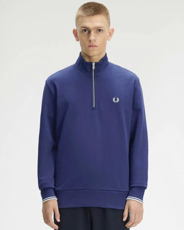 Fred Perry Mens Half Zip Sweatshirt - French Navy/Dusky Blue/Dusky Blue 93B | CHO | Designer Mens Sweatshirts
