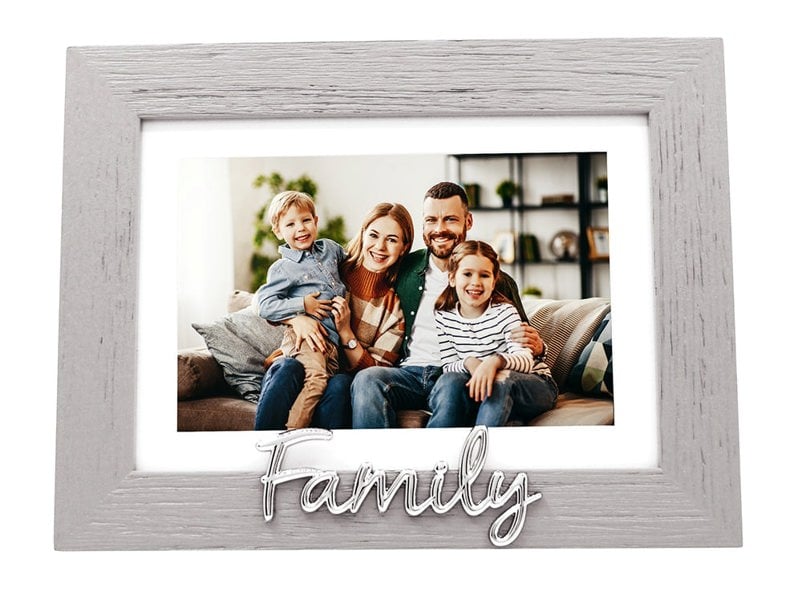 Grey Woodgrain Effect Family Picture Frame with Silver Letters - 6x4" or 7x5" Image 1