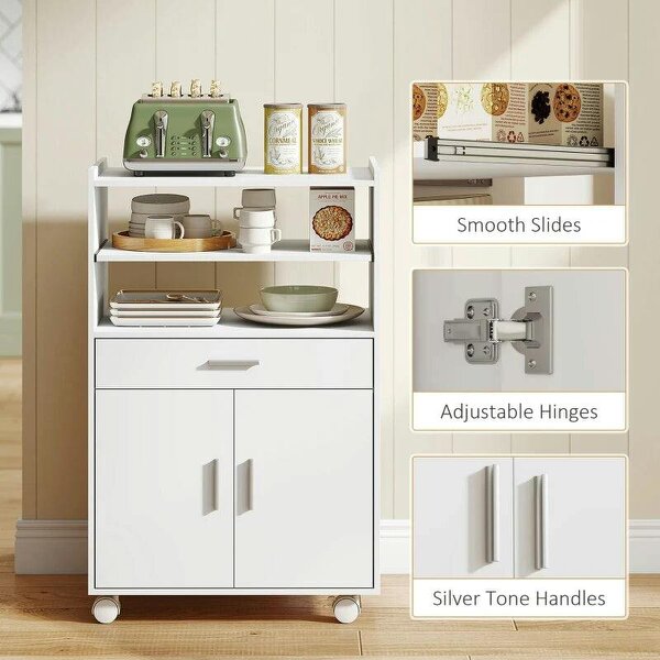 Kitchen Trolley with Wheels, Modern Mobile Microwave Stand with Slide-Out Shelf, Drawer and 2 Doors for Dining Room