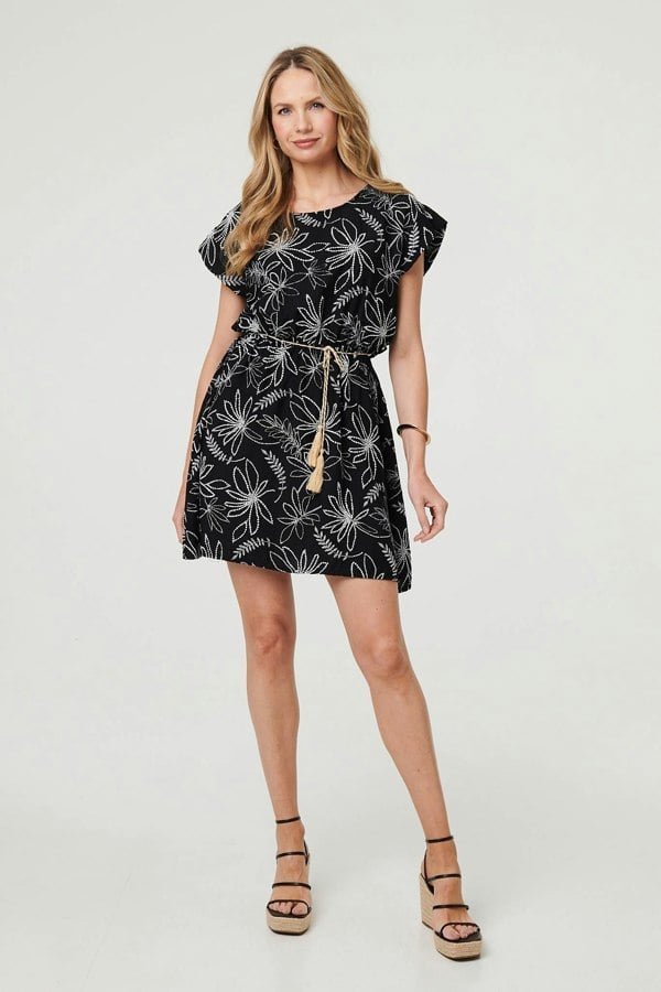 Black | Floral Cap Sleeve Tie Waist Mini Dress
