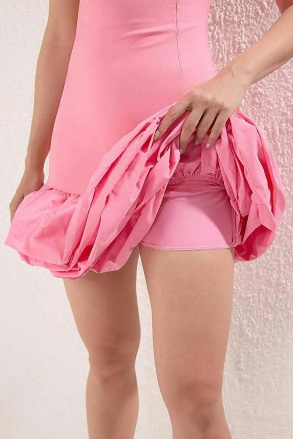 WOVCOR Balloon Skirt Detailed Woven Short Dress with Under Shorts Lining