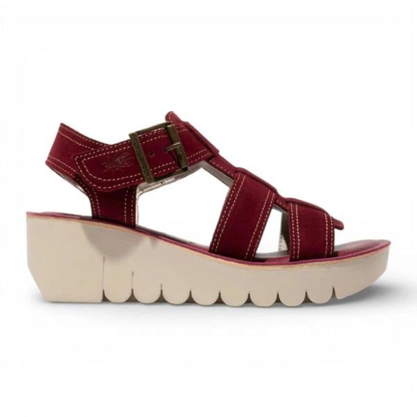 Fly London YUDD236FLY - Women’s Berry Red Suede Leather Wedge Sandals