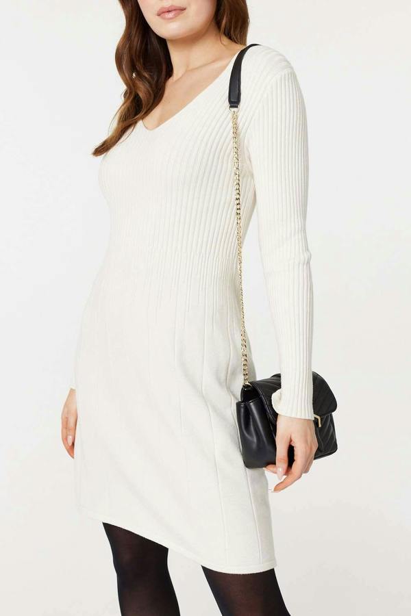 White | Plain Ribbed Knit Mini Dress