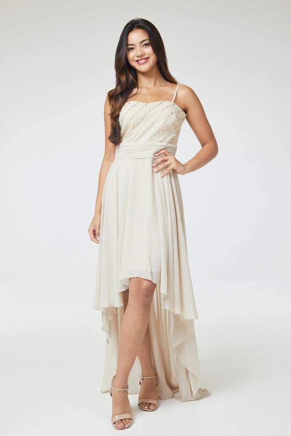 LuvForever Nude Sequin Asymmetric Long Dress