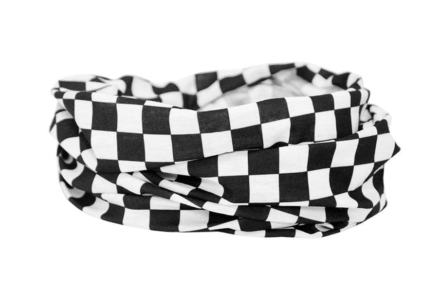 RUFFNEK® Black & White Chequerboard Snood – versatile neck warmer for bikers, chefs, and F1 fans.