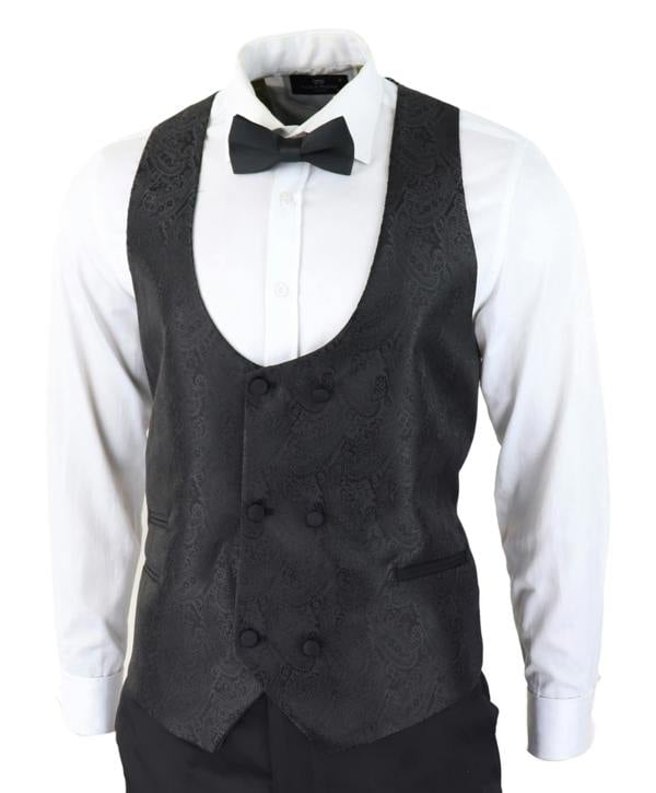 TruClothing Mens Black Tuxedo Blazer Waistcoat Brocade Satin Paisley Formal Dinner Jacket