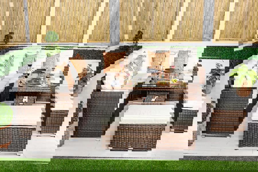 Giardino Santorini 5 Seat Modular Corner Sofa Rattan Garden Furniture Set Outdoor Fire Pit Coffee Table & 2 Benches