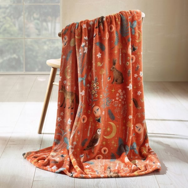Catherine Lansfield Enchanted Twilight Animals Cosy Fleece Blanket Throw Forest Burnt Orange