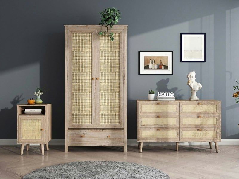 Swish Furniture Willow Rattan 3 Piece Bedroom Set with 2 Door Wardrobe, Bedside Table & Chest of 6 Drawers