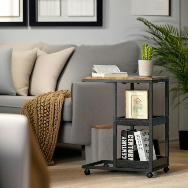 Rafaelo Mobilia Industrial C Shaped Side Table 3-Tier With Wheels