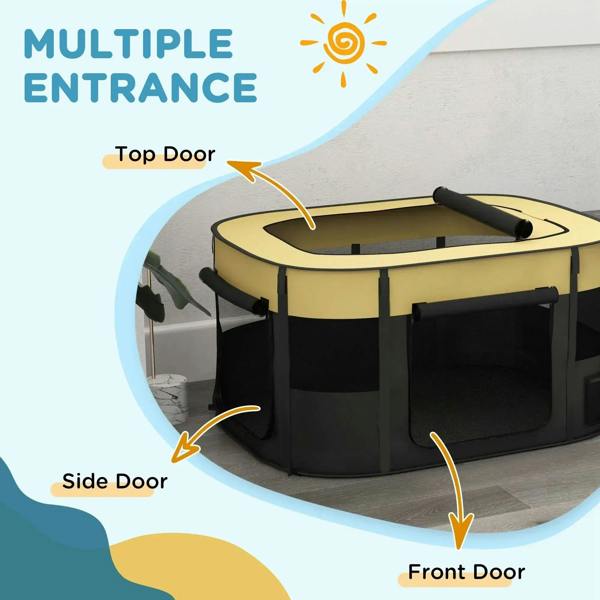 Foldable dog playpen with top, side, and front door openings