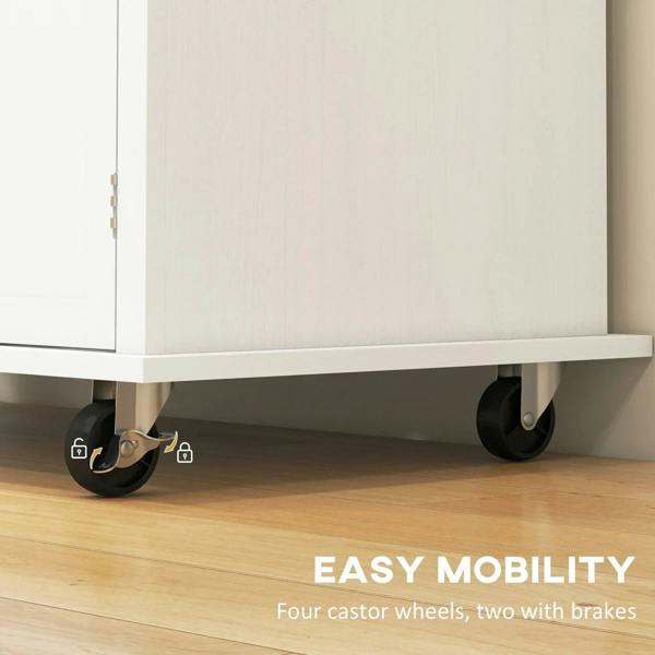 White kitchen trolley on four caster wheels with locking brakes