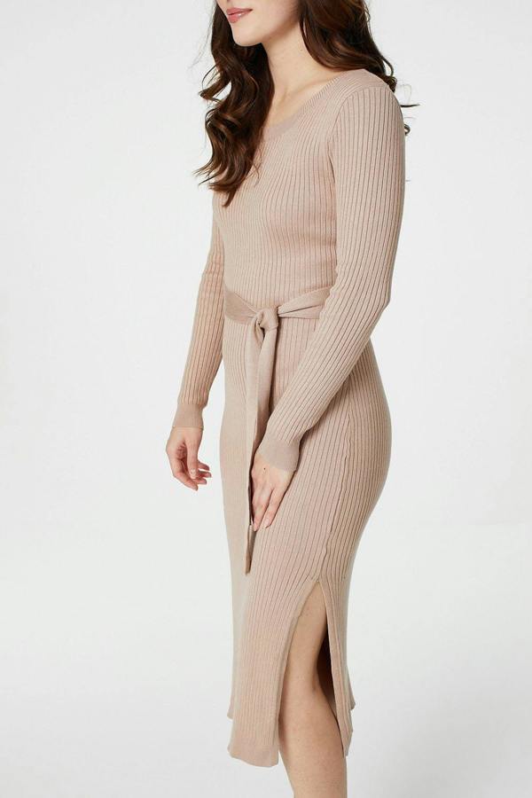 Beige | Long Sleeve Knit Bodycon Midi Dress