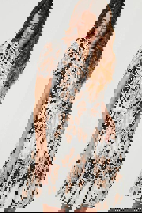 Beige | Abstract Tiered Tie Waist Short Dress