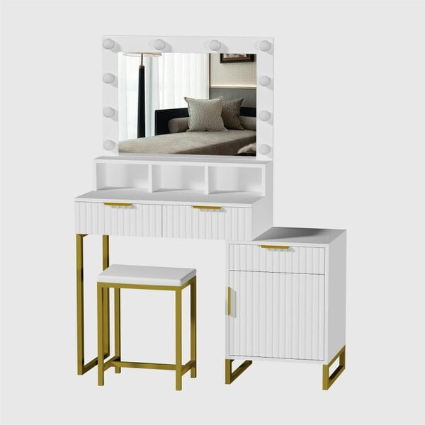 Kosy Koala White Modern Dressing Table with Bulb Lights Mirror Vanity Makeup Desk Stool Set