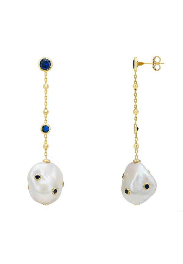 Latelita Polka Dot Baroque Pearl Chain Drop Earrings Gold Sapphire
