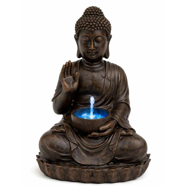 Gardenwize Solar Powered Meditating Buddha with Bowl Water Feature, LED Light & Battery Backup