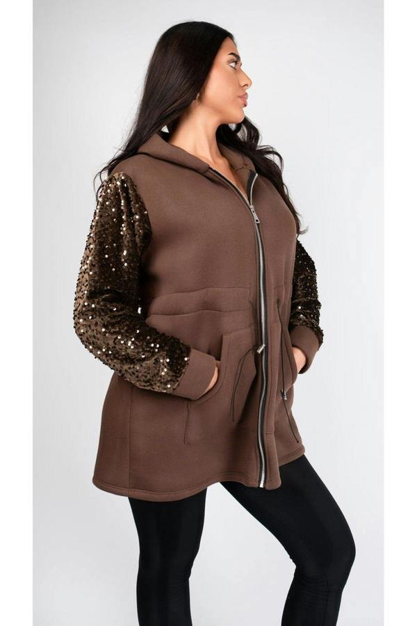 Evalora Zip Up Hoodie With Sequin Sleeve Detail - Brown