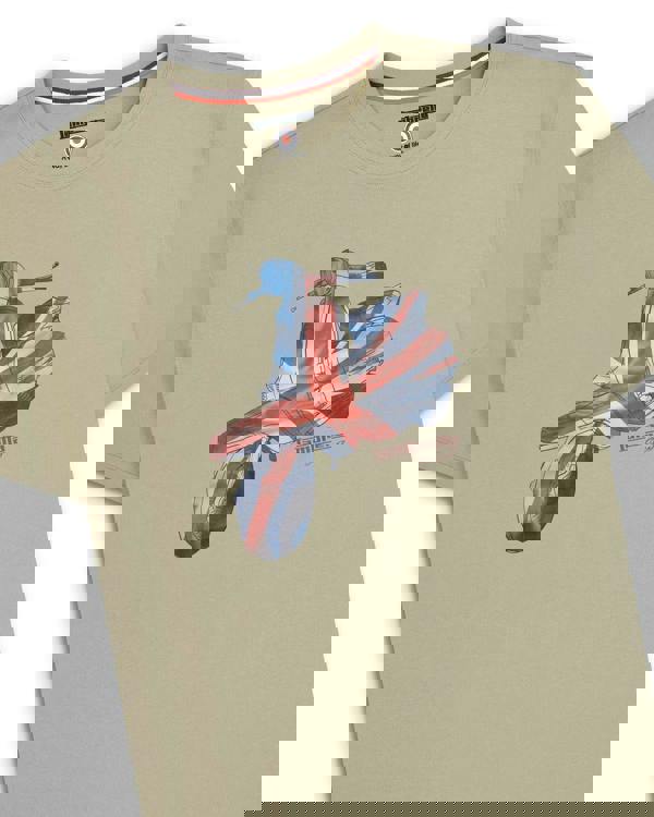 Lambretta Mens Scooter Logo Graphic Mod Ska Casual T-Shirts, beige T-shirt featuring a graphic of a scooter with Union Jack design.