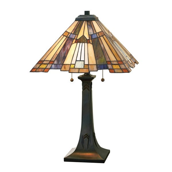 2 Bulb Table Lamp Pyramid Shape Tiffany Style Glass Valiant Bronze LED E27 60W Loops