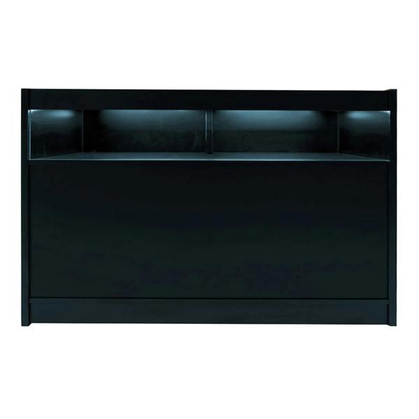 Sleek black Iris LED shop counter set with illuminated shelves, featuring a smooth finish and modern design for retail spaces