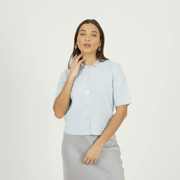 Brave Soul Blue Embellished Crew Neck Cable Knit Cardigan - Blue Image 1