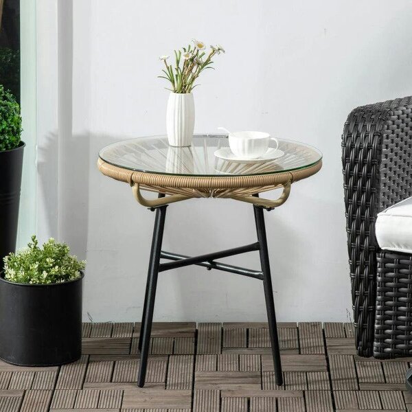 Rattan Side Table, Round Outdoor Coffee Table, with Round PE Rattan and Tempered Glass Tabletop for Patio, Garden, Balcony, Beige