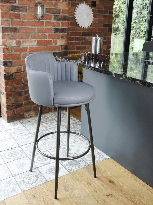 MMT Furniture Designs MMT Bar Stools Set of 2, Retro Swivel Design, PU Leather in Tan or Grey with Footrest