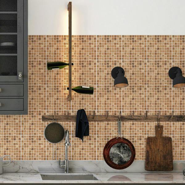 WALPLUS WT1592 - Triana Marble Brown and Cream Mosaic Wall Tile Sticker Set - 15 x 15 cm (6 x 6 in) - 24 pcs