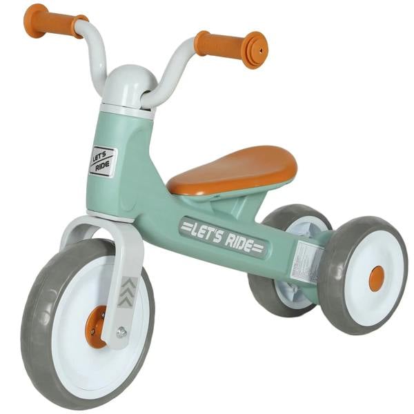 Green toddler balance bike with orange handle grips and white wheels, no pedals.