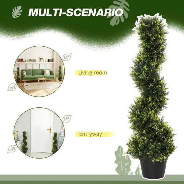 Tall green spiral artificial topiary tree in a black pot