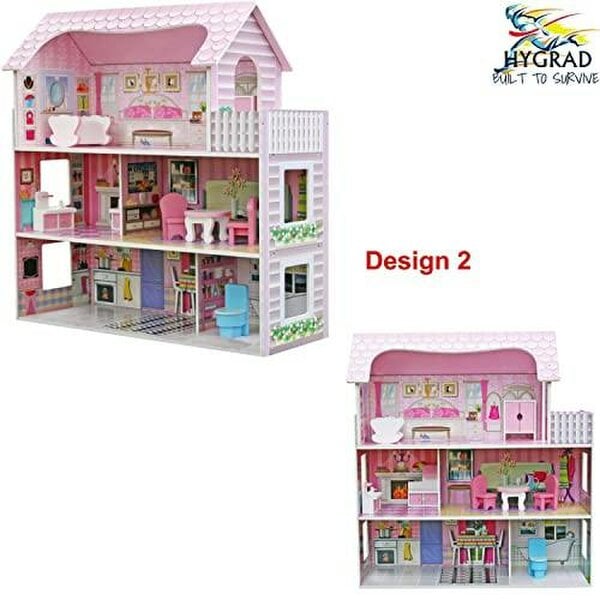 HYGRAD BUILT TO SURVIVE HYGRAD® Kids Wooden Three Levels Victorian Wooden Doll House with Furniture Set For Role Play (Design 2)