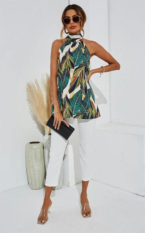 FS Collection Leaf Print Halter Neck Tie Back Top In Green
