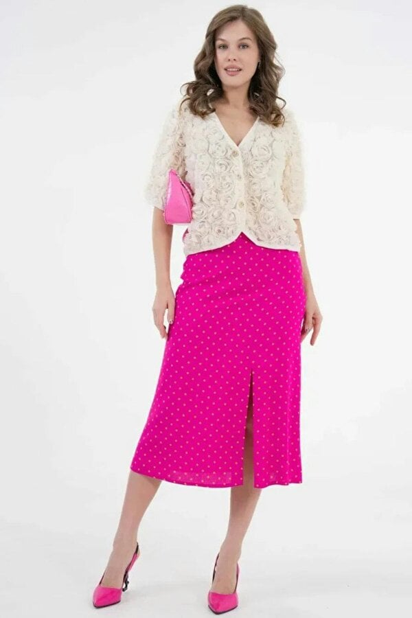 Hoxton Gal Plain Fuchsia Midi Woven Skirt with Slit Detail